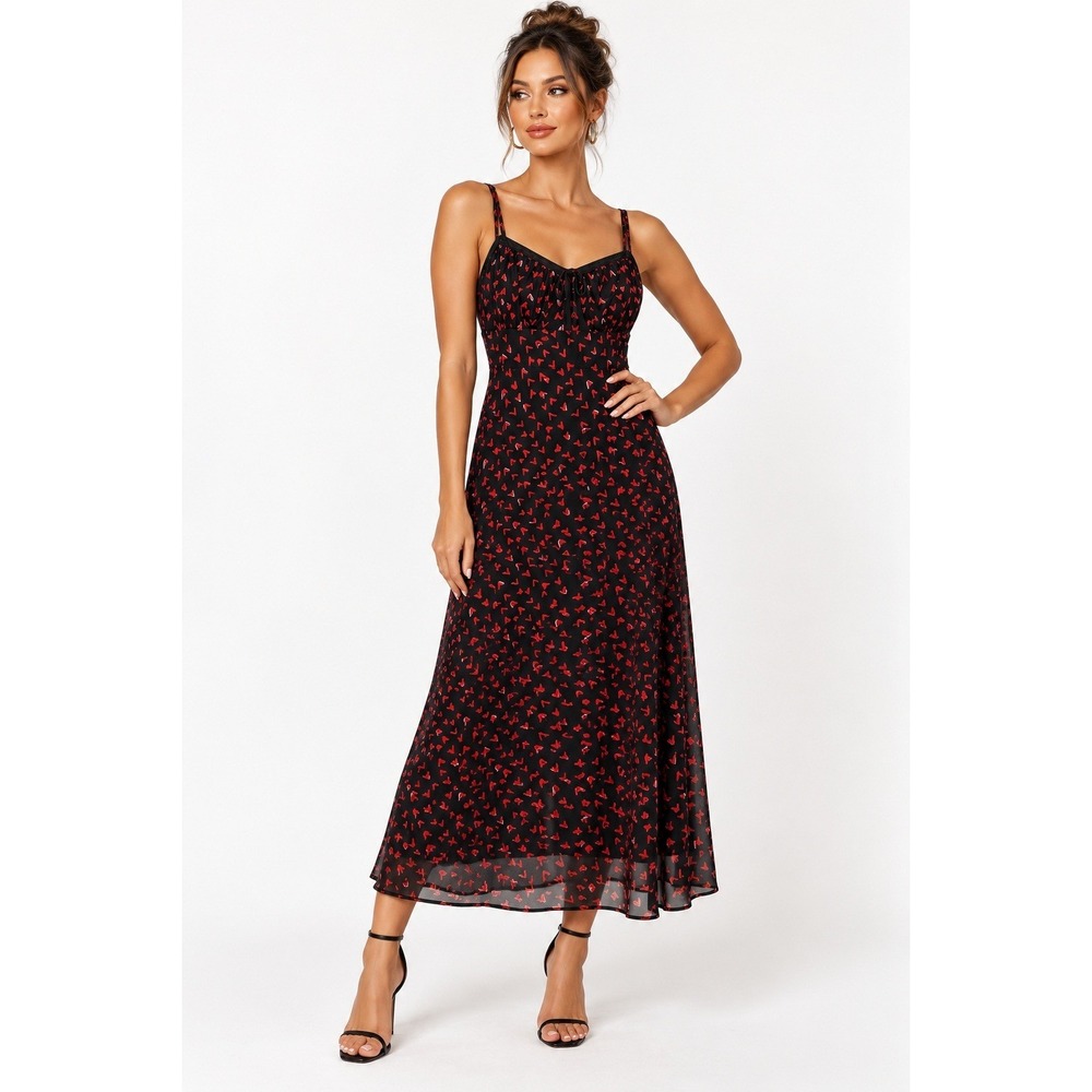 Montgomery Post Womens Sleeveless Mesh Midi Dress Black Red Heart Print LP NWT